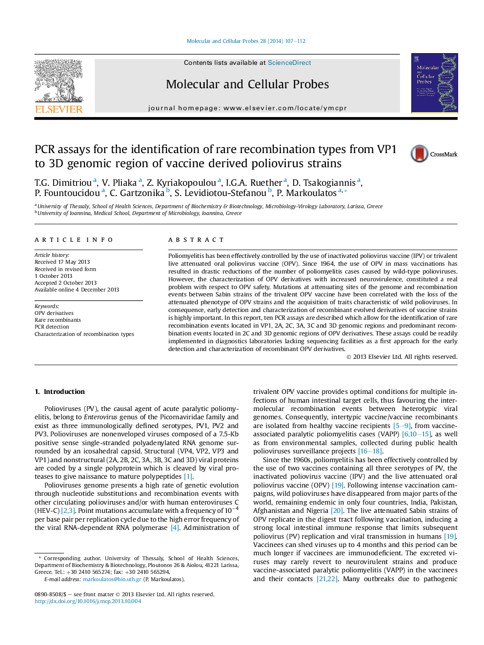 PCR assays for the identification of rare recombination types from VP1 to 3D genomic region of vaccine derived poliovirus strains