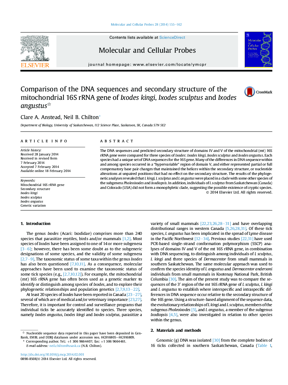 Comparison of the DNA sequences and secondary structure of the mitochondrial 16S rRNA gene of Ixodes kingi, Ixodes sculptus and Ixodes angustus 