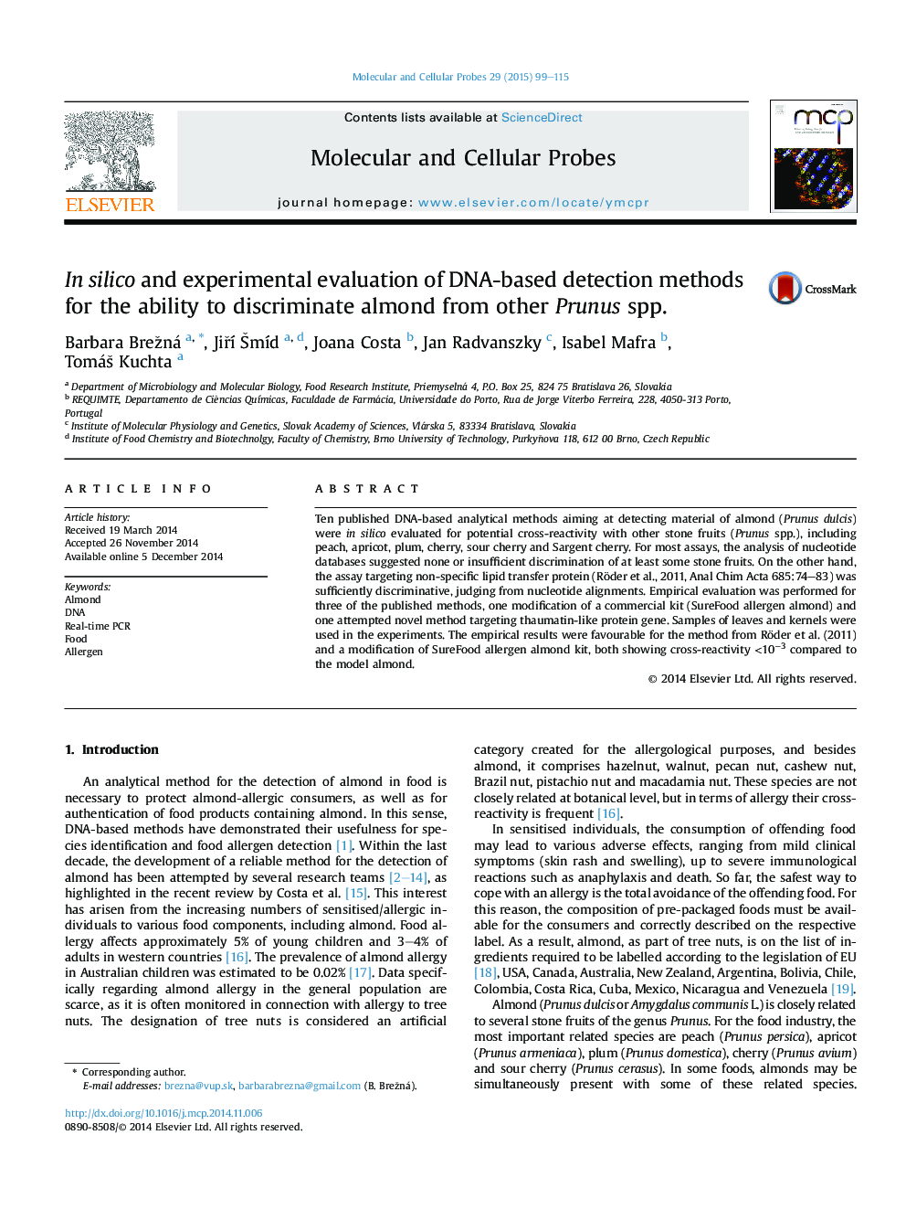 In silico and experimental evaluation of DNA-based detection methods for the ability to discriminate almond from other Prunus spp.