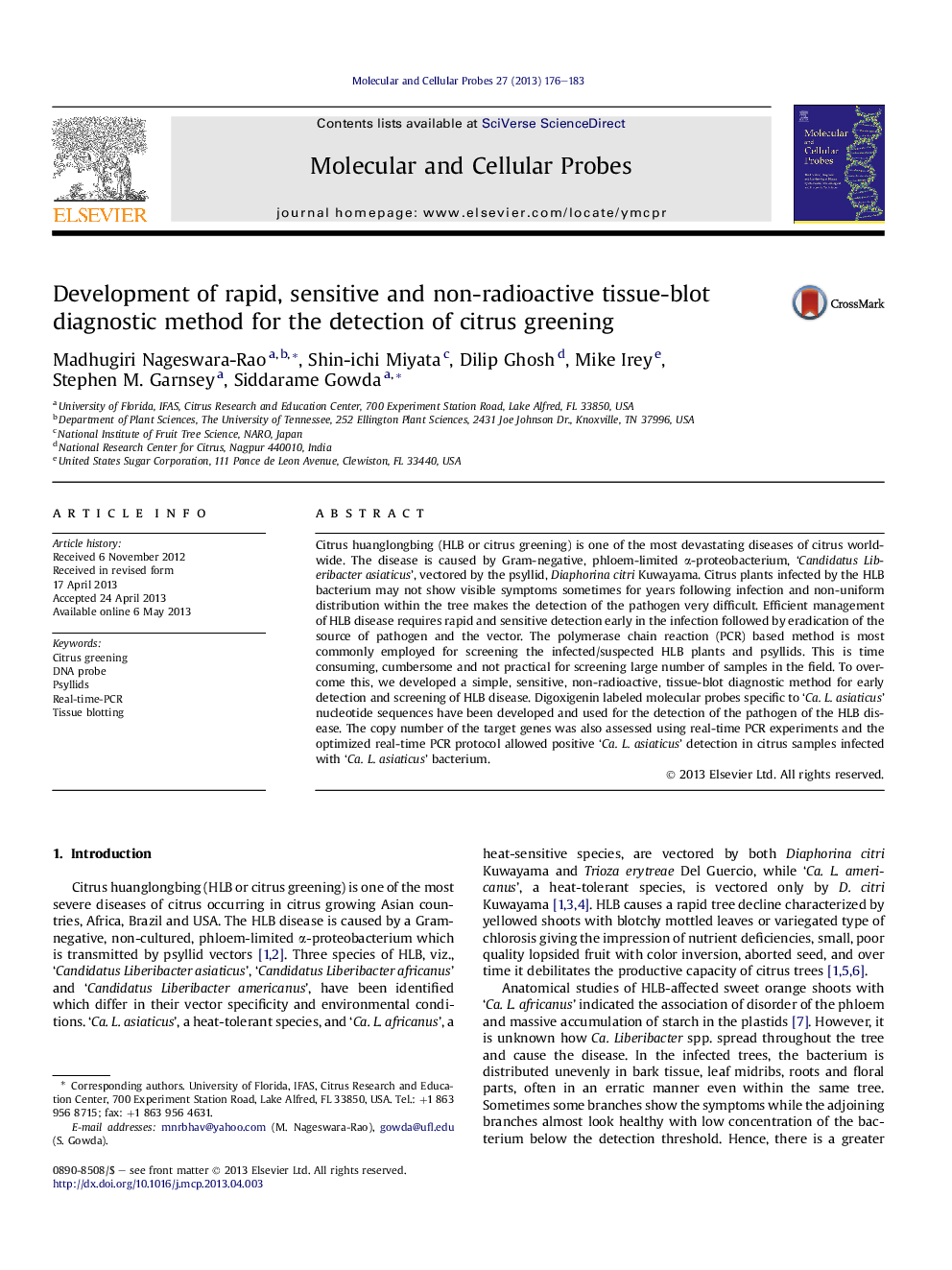 Development of rapid, sensitive and non-radioactive tissue-blot diagnostic method for the detection of citrus greening