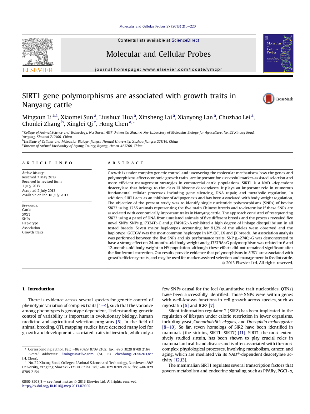 SIRT1 gene polymorphisms are associated with growth traits in Nanyang cattle