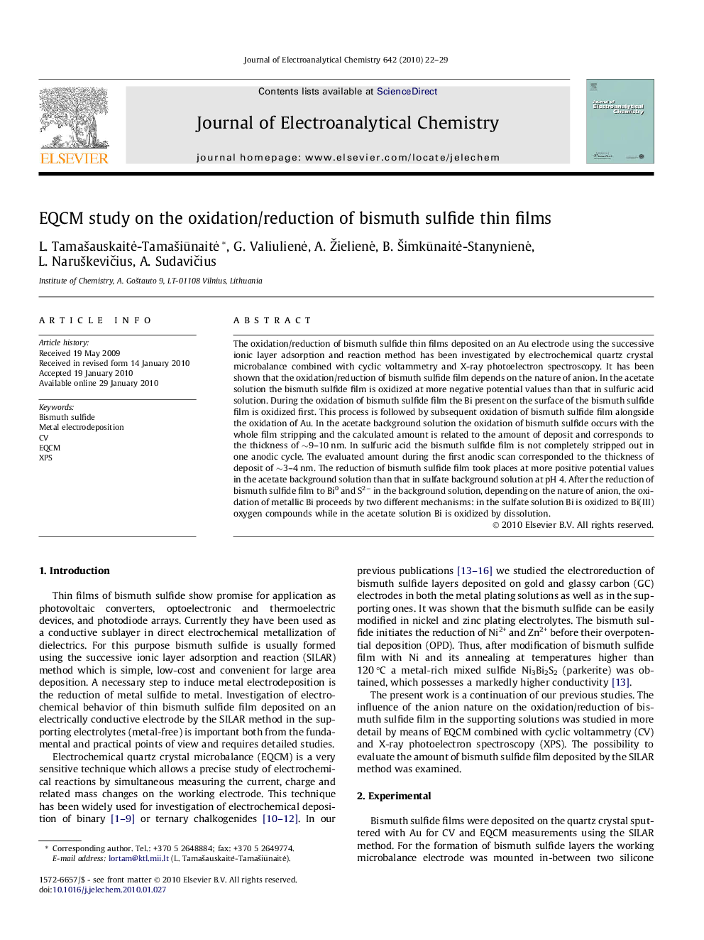 EQCM study on the oxidation/reduction of bismuth sulfide thin films