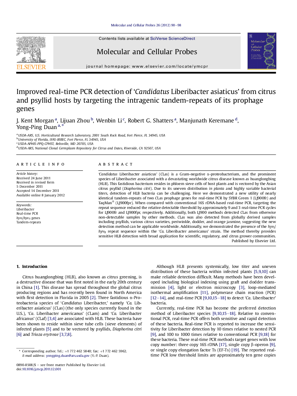 Improved real-time PCR detection of ‘Candidatus Liberibacter asiaticus’ from citrus and psyllid hosts by targeting the intragenic tandem-repeats of its prophage genes