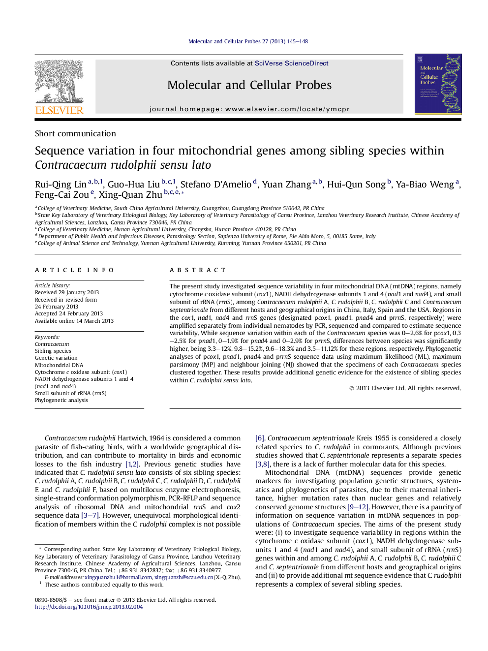 Sequence variation in four mitochondrial genes among sibling species within Contracaecum rudolphii sensu lato