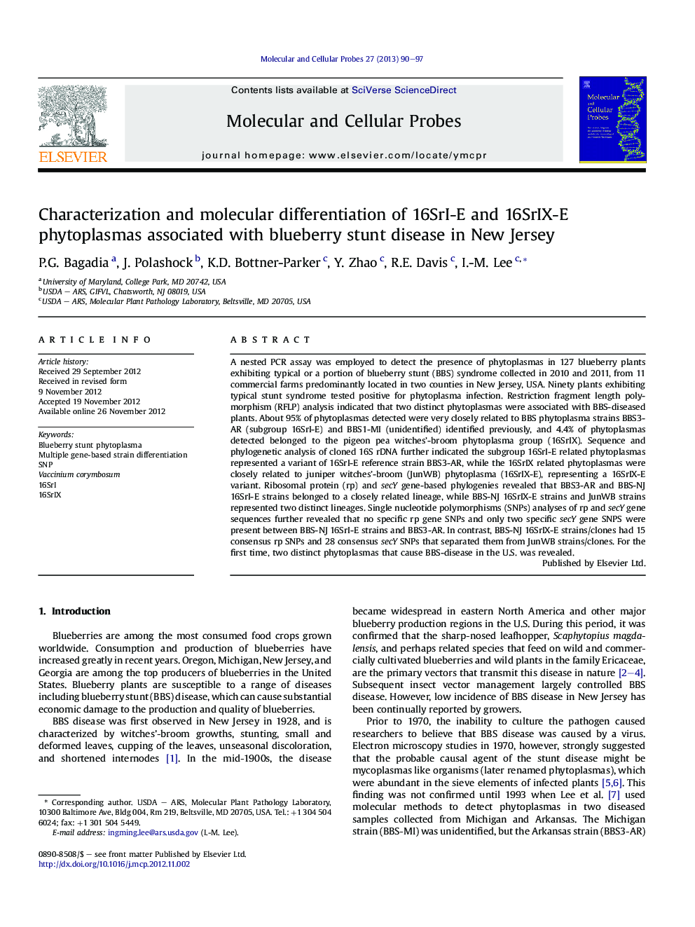 Characterization and molecular differentiation of 16SrI-E and 16SrIX-E phytoplasmas associated with blueberry stunt disease in New Jersey