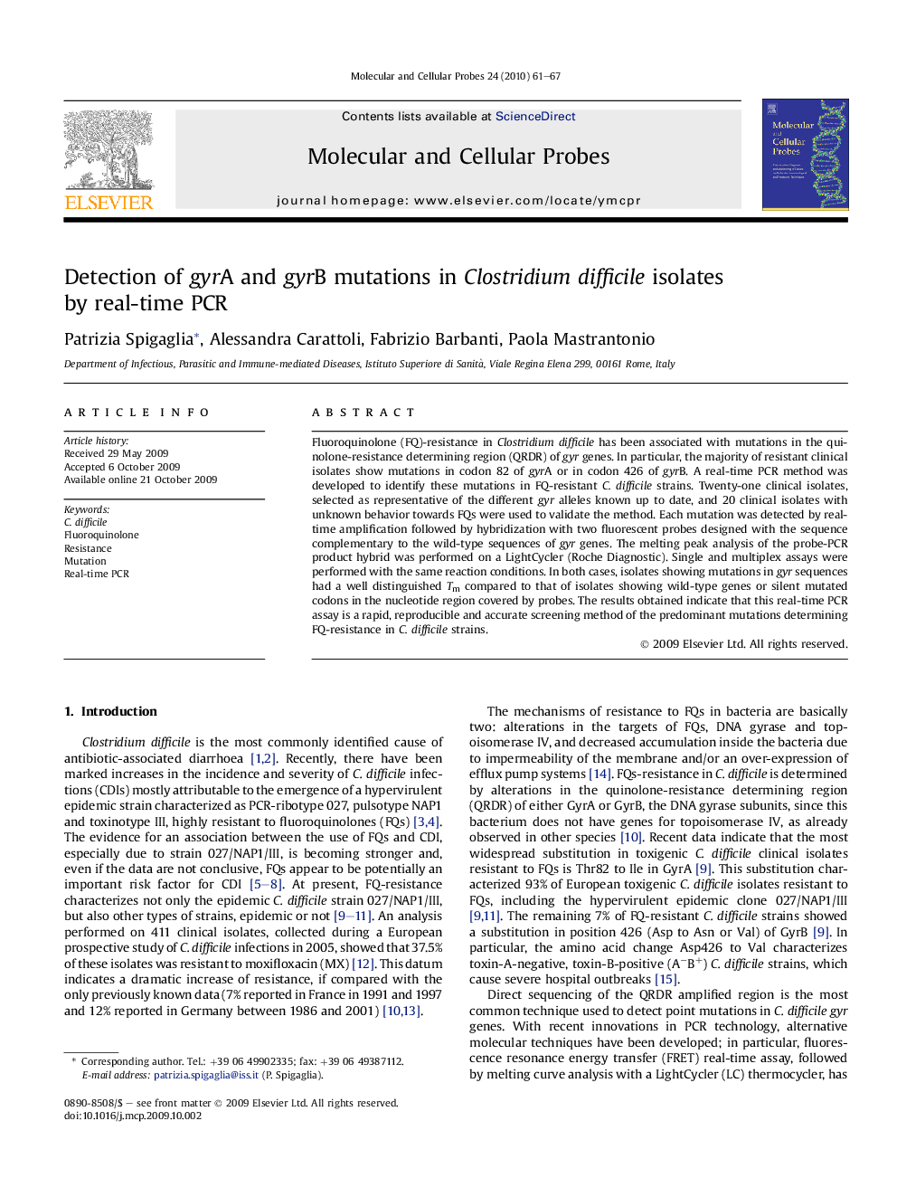 Detection of gyrA and gyrB mutations in Clostridium difficile isolates by real-time PCR