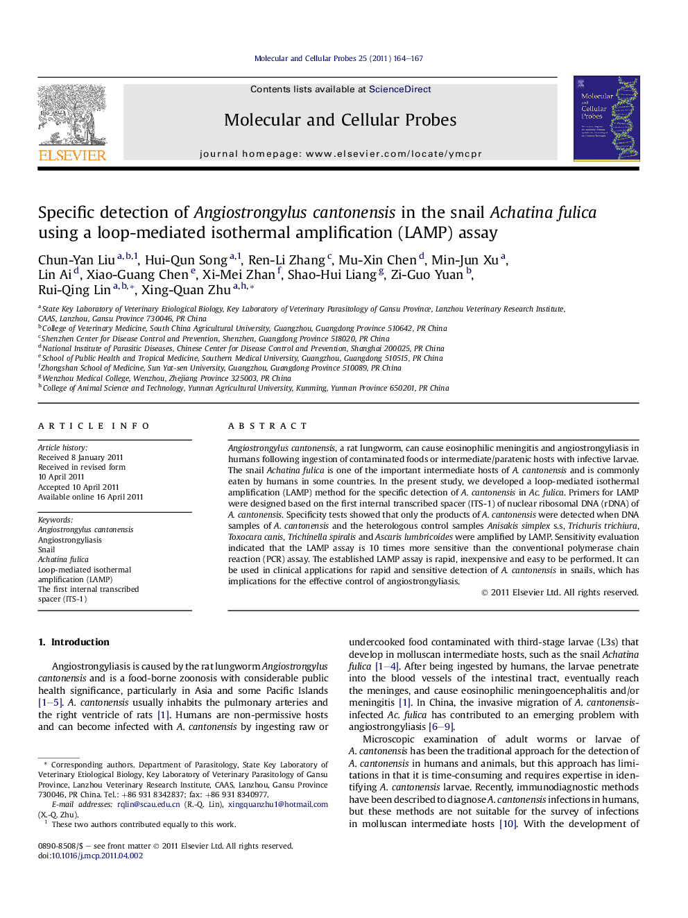 Specific detection of Angiostrongylus cantonensis in the snail Achatina fulica using a loop-mediated isothermal amplification (LAMP) assay