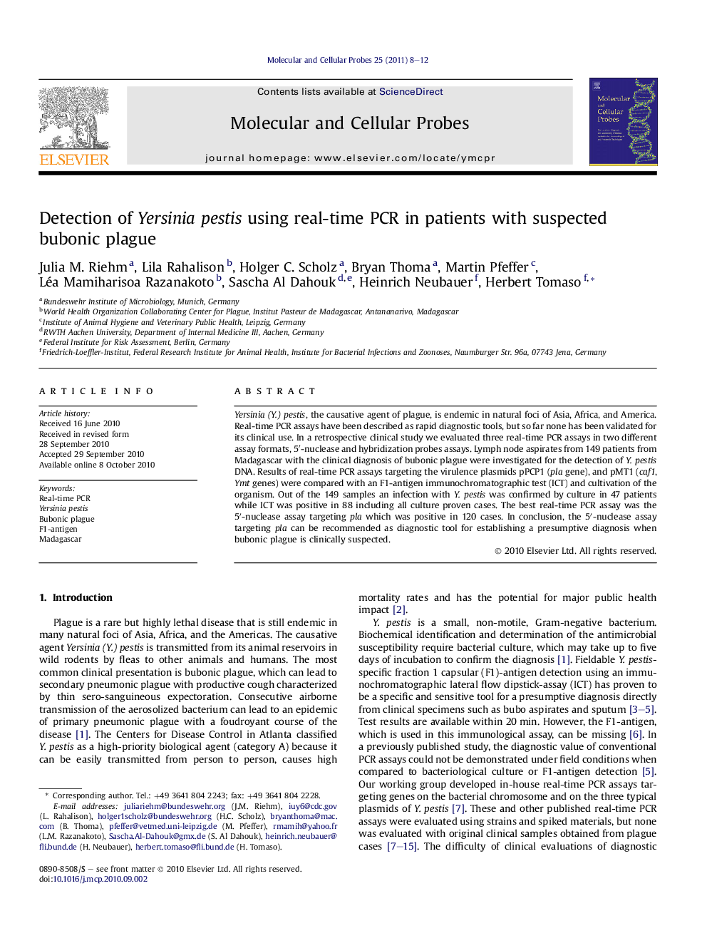 Detection of Yersinia pestis using real-time PCR in patients with suspected bubonic plague