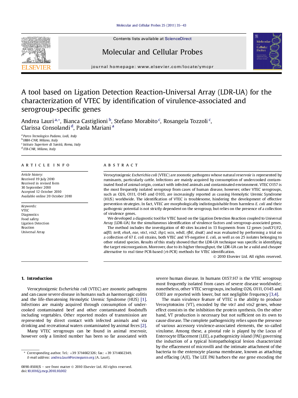 A tool based on Ligation Detection Reaction-Universal Array (LDR-UA) for the characterization of VTEC by identification of virulence-associated and serogroup-specific genes