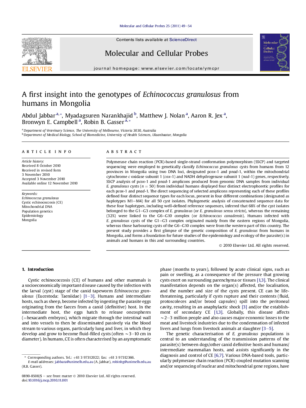 A first insight into the genotypes of Echinococcus granulosus from humans in Mongolia