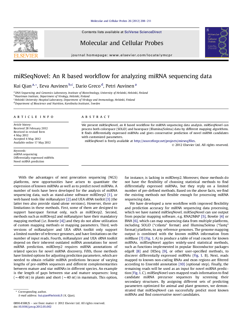 miRSeqNovel: An R based workflow for analyzing miRNA sequencing data