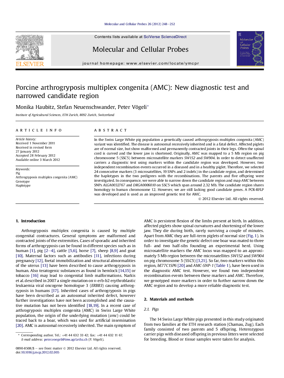 Porcine arthrogryposis multiplex congenita (AMC): New diagnostic test and narrowed candidate region