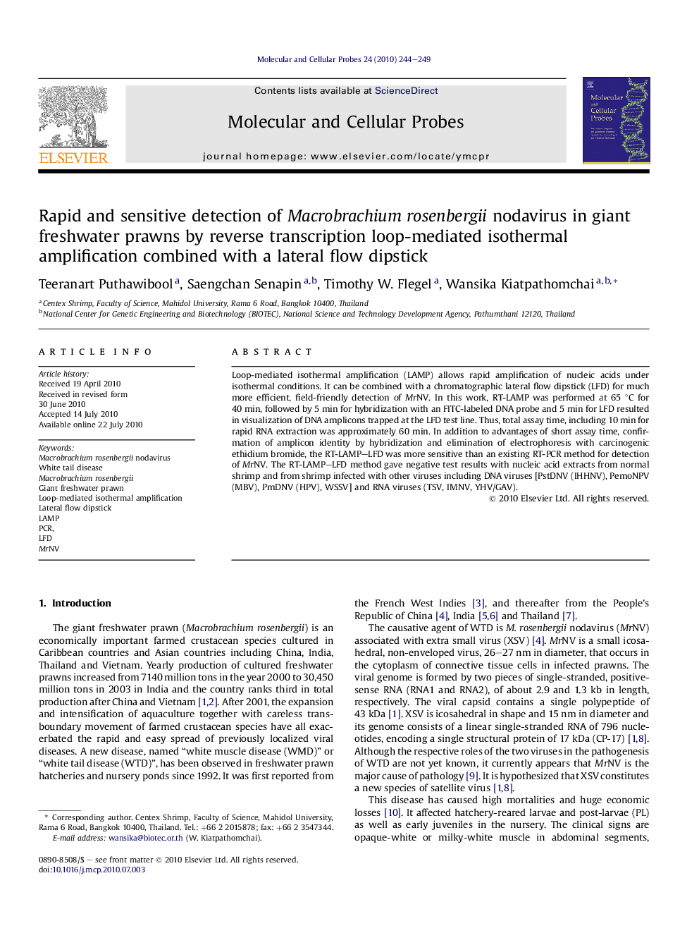 Rapid and sensitive detection of Macrobrachium rosenbergii nodavirus in giant freshwater prawns by reverse transcription loop-mediated isothermal amplification combined with a lateral flow dipstick