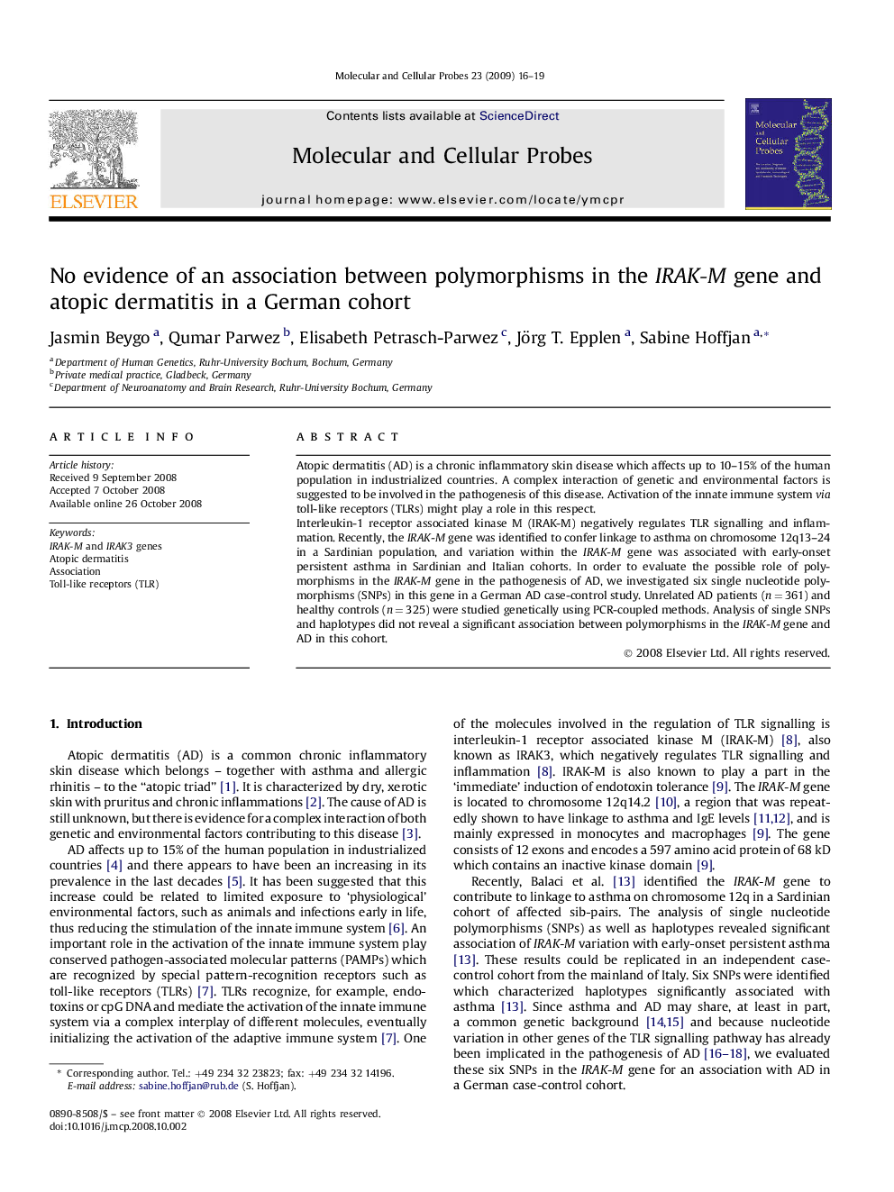 No evidence of an association between polymorphisms in the IRAK-M gene and atopic dermatitis in a German cohort