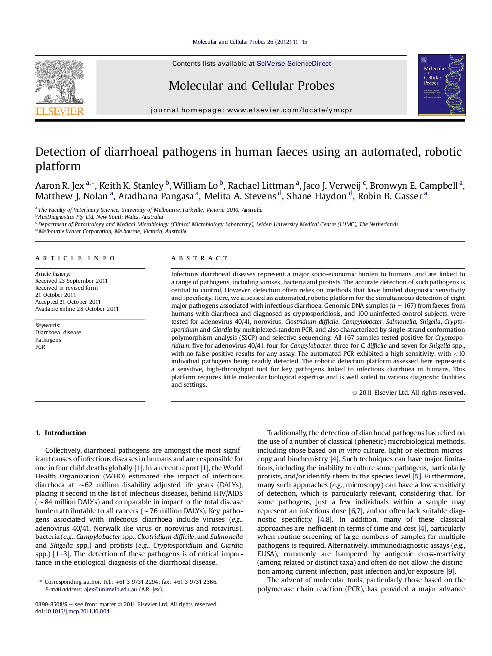 Detection of diarrhoeal pathogens in human faeces using an automated, robotic platform