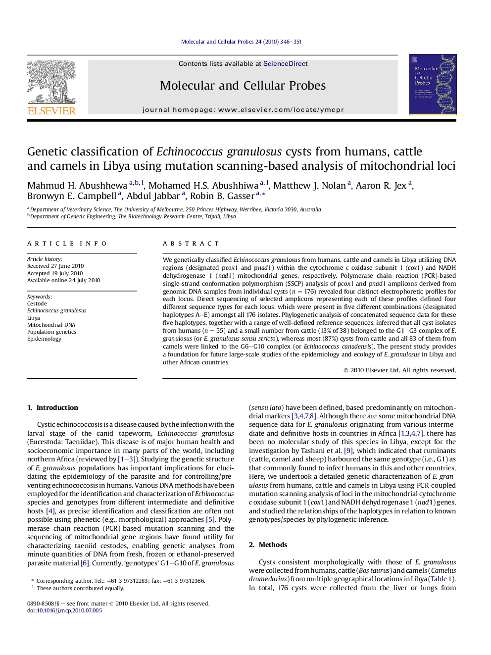 Genetic classification of Echinococcus granulosus cysts from humans, cattle and camels in Libya using mutation scanning-based analysis of mitochondrial loci