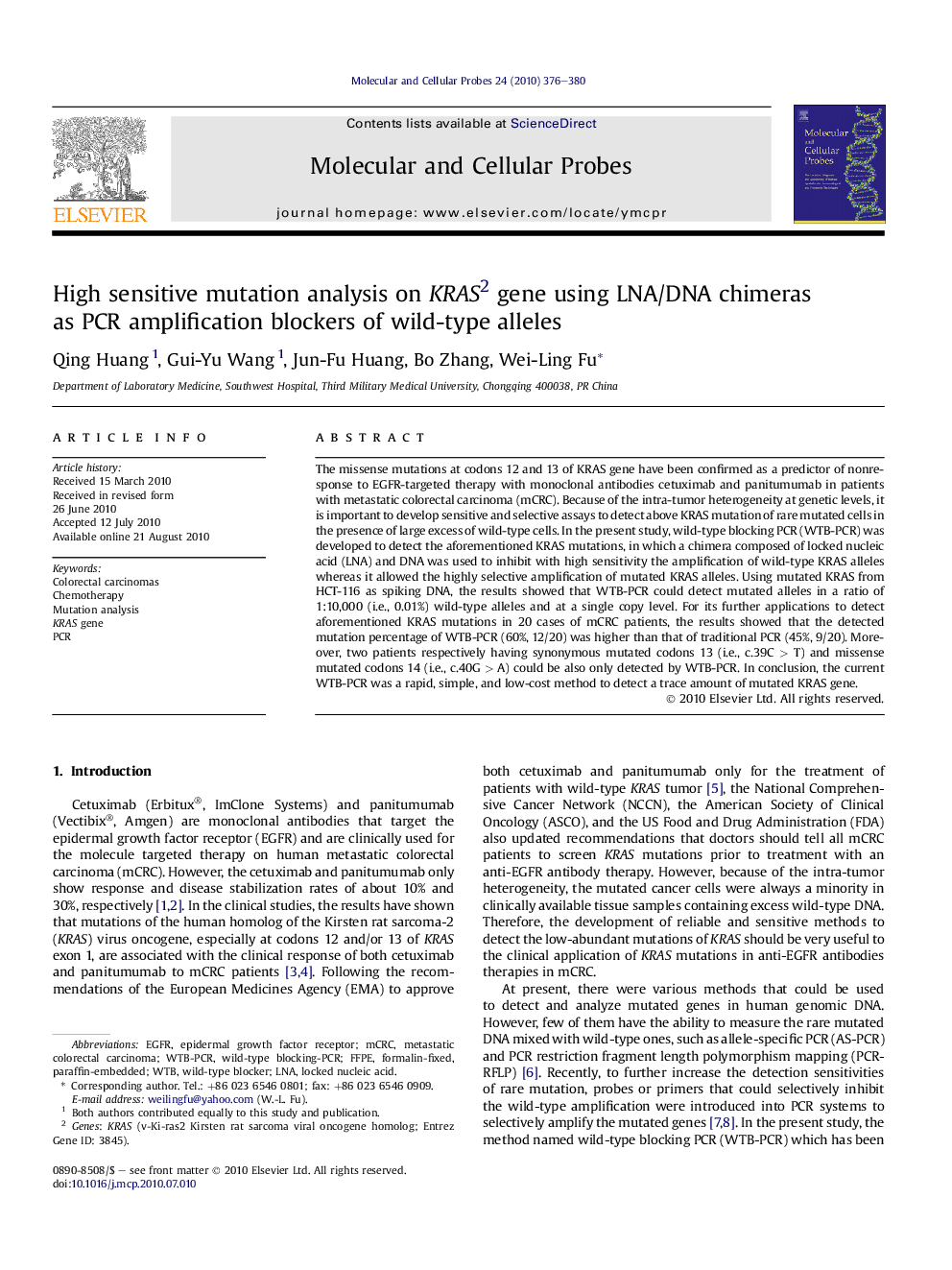 High sensitive mutation analysis on KRAS 2 gene using LNA/DNA chimeras as PCR amplification blockers of wild-type alleles