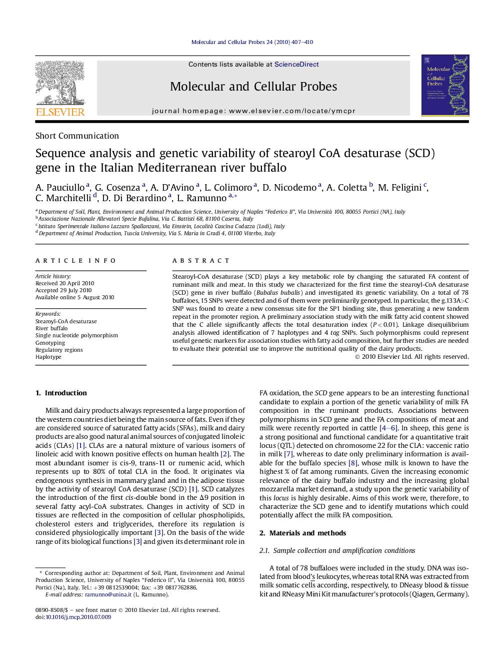 Sequence analysis and genetic variability of stearoyl CoA desaturase (SCD) gene in the Italian Mediterranean river buffalo