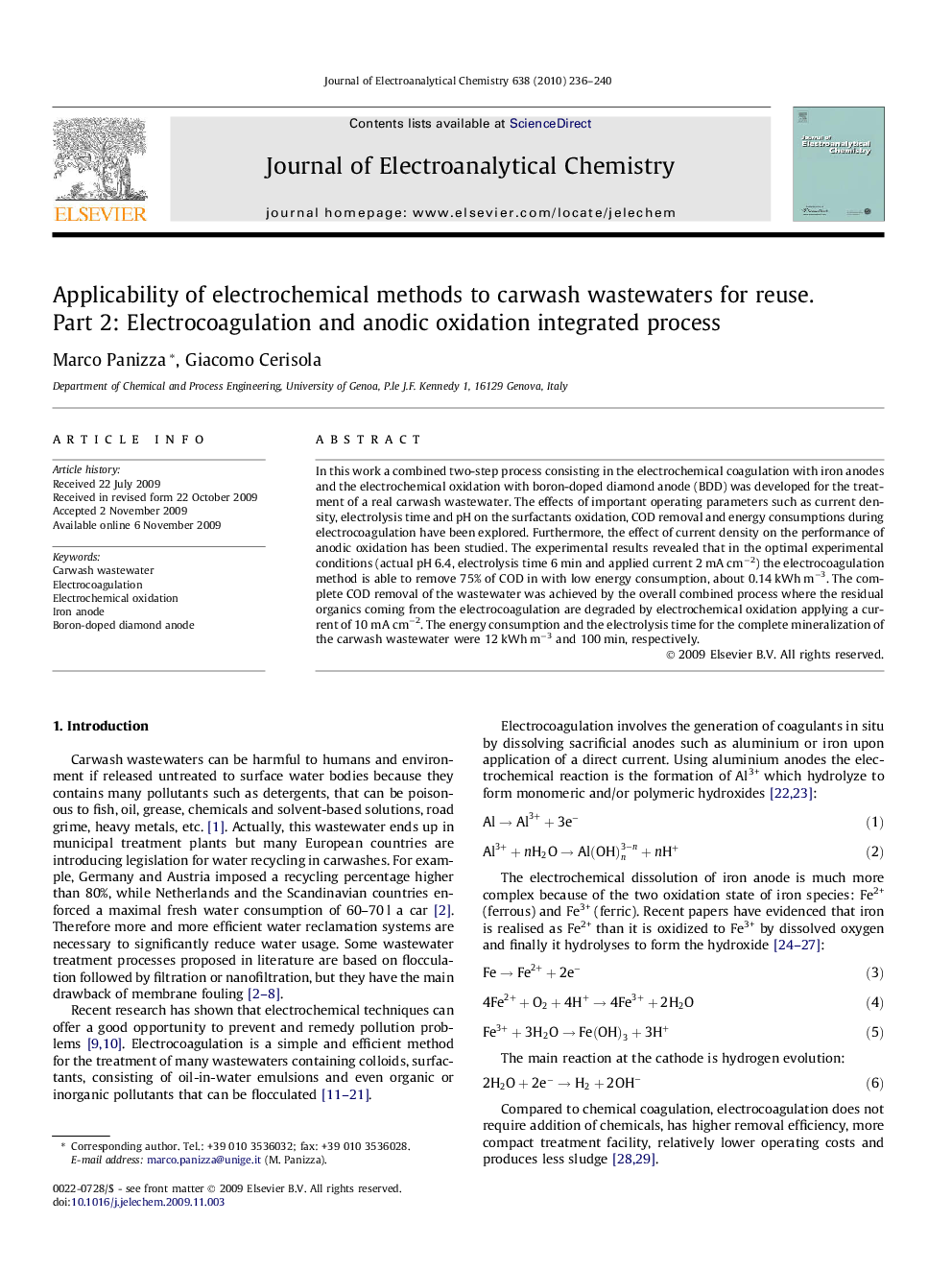 Applicability of electrochemical methods to carwash wastewaters for reuse. Part 2: Electrocoagulation and anodic oxidation integrated process