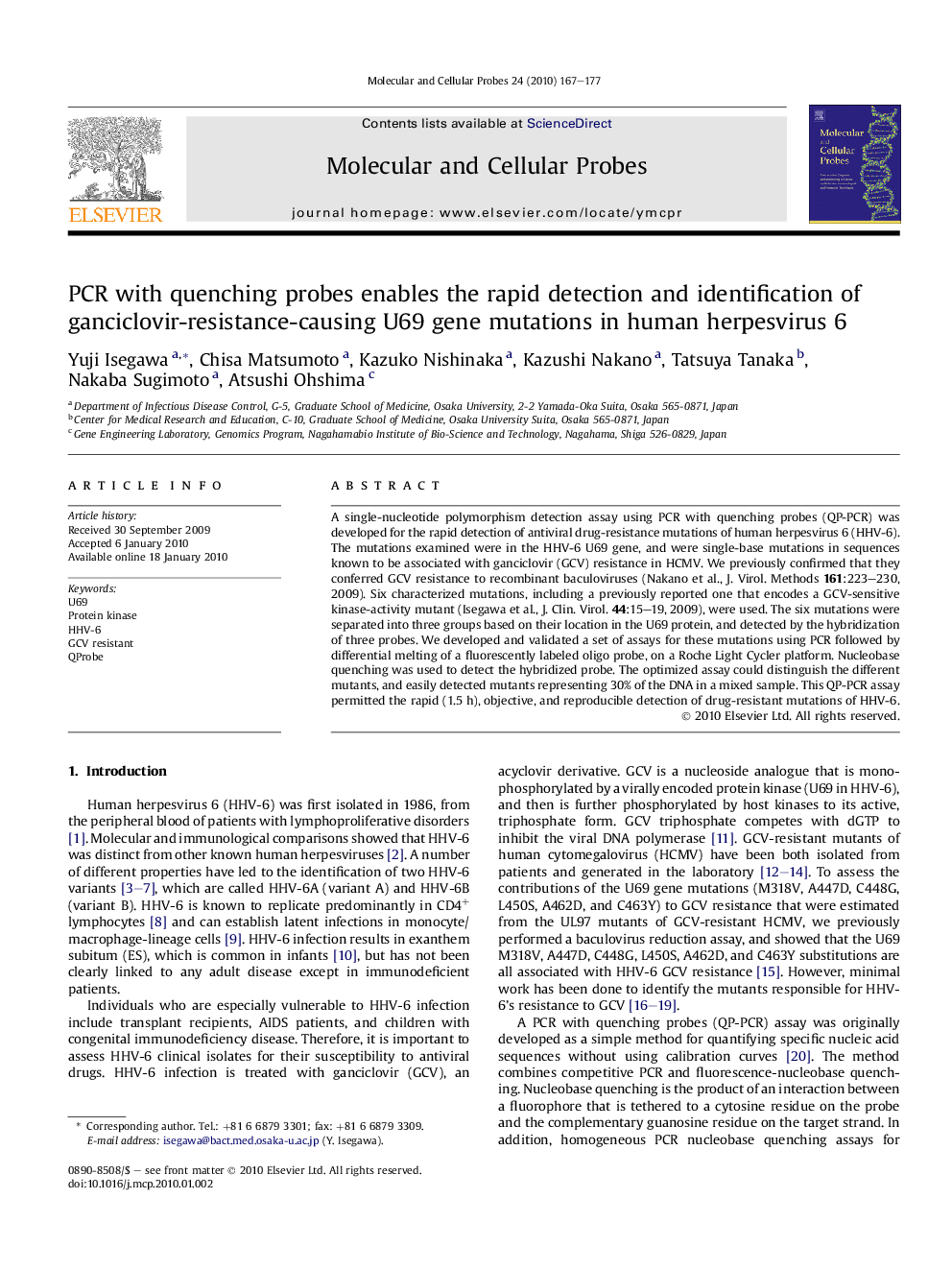 PCR with quenching probes enables the rapid detection and identification of ganciclovir-resistance-causing U69 gene mutations in human herpesvirus 6