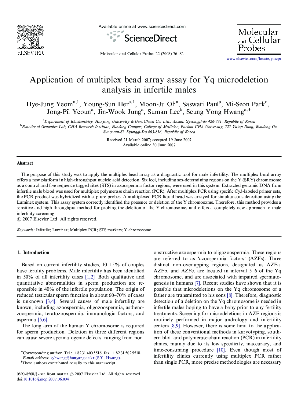 Application of multiplex bead array assay for Yq microdeletion analysis in infertile males