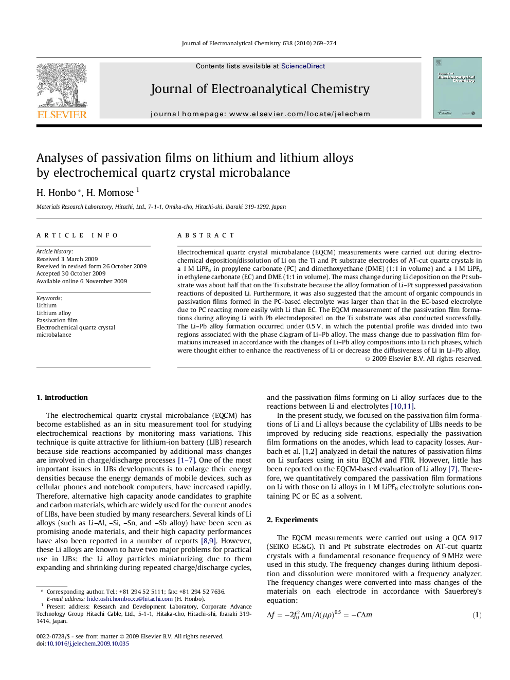 عکس صفحه اول مقاله: Analyses of passivation films on lithium and lithium alloys by electrochemical quartz crystal microbalance Analyses of passivation films on lithium and lithium alloys by electrochemical quartz crystal microbalance