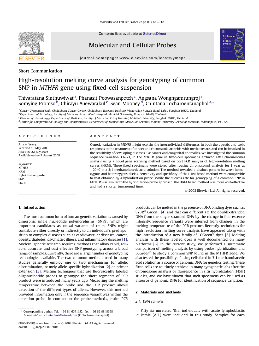 High-resolution melting curve analysis for genotyping of common SNP in MTHFR gene using fixed-cell suspension