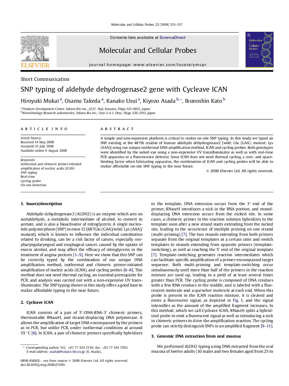 SNP typing of aldehyde dehydrogenase2 gene with Cycleave ICAN