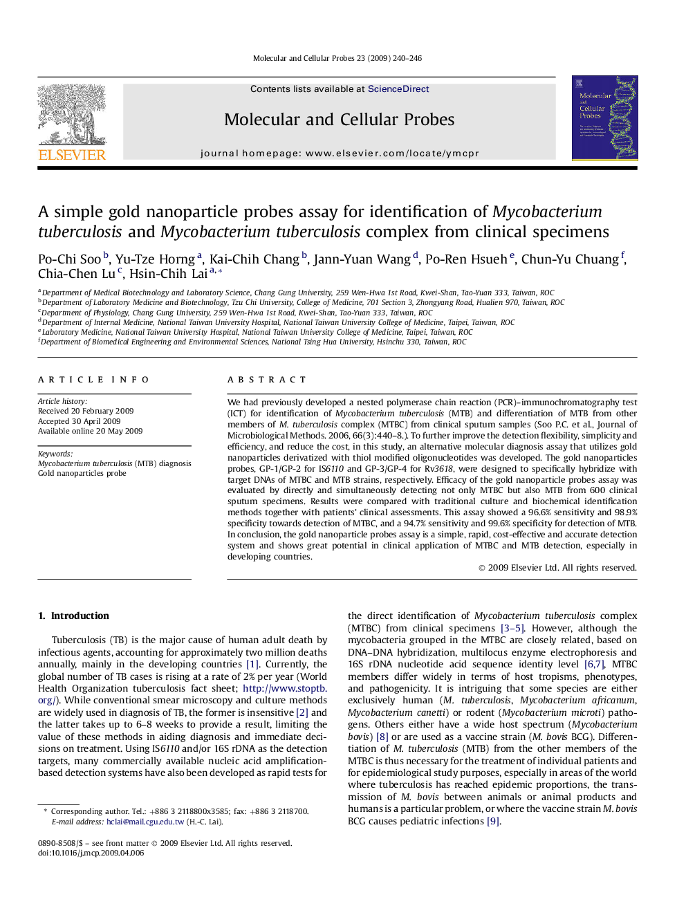 A simple gold nanoparticle probes assay for identification of Mycobacterium tuberculosis and Mycobacterium tuberculosis complex from clinical specimens