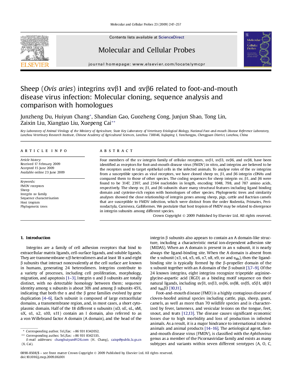 Sheep (Ovis aries) integrins αvβ1 and αvβ6 related to foot-and-mouth disease virus infection: Molecular cloning, sequence analysis and comparison with homologues