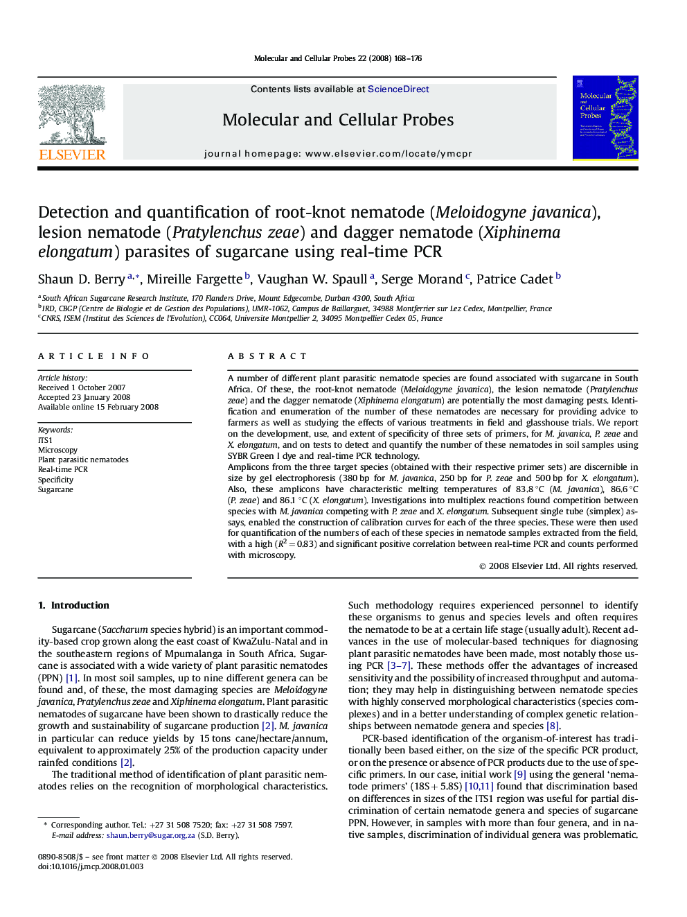 Detection and quantification of root-knot nematode (Meloidogyne javanica), lesion nematode (Pratylenchus zeae) and dagger nematode (Xiphinema elongatum) parasites of sugarcane using real-time PCR