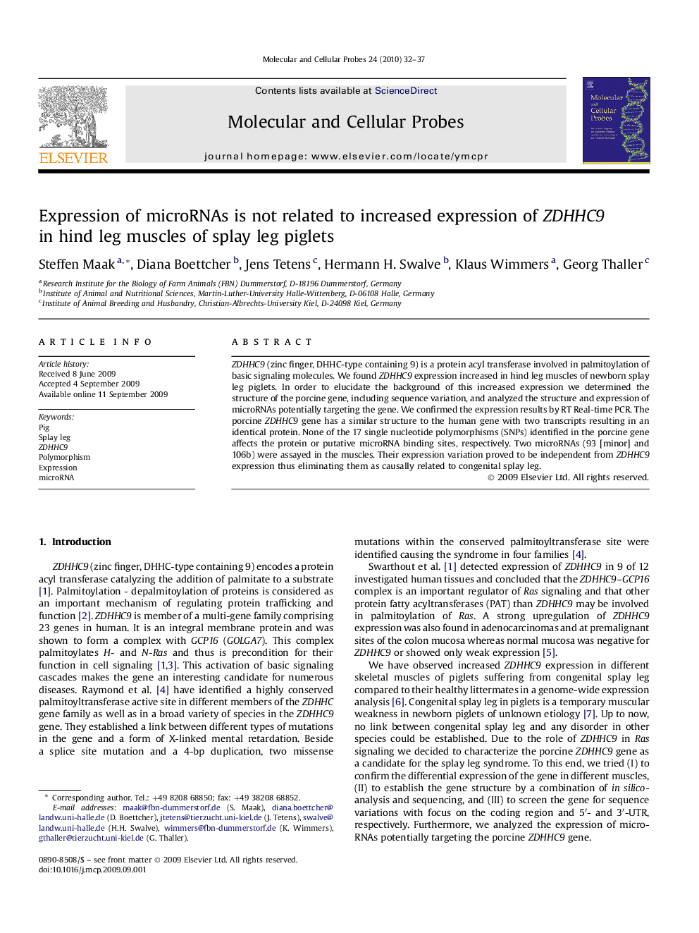 Expression of microRNAs is not related to increased expression of ZDHHC9 in hind leg muscles of splay leg piglets