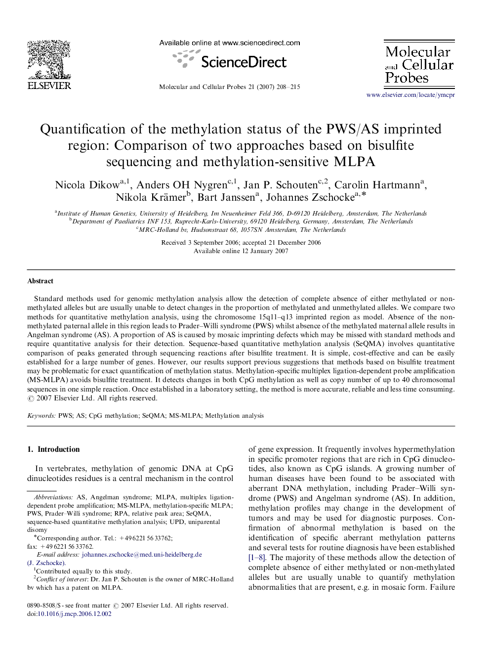 Quantification of the methylation status of the PWS/AS imprinted region: Comparison of two approaches based on bisulfite sequencing and methylation-sensitive MLPA