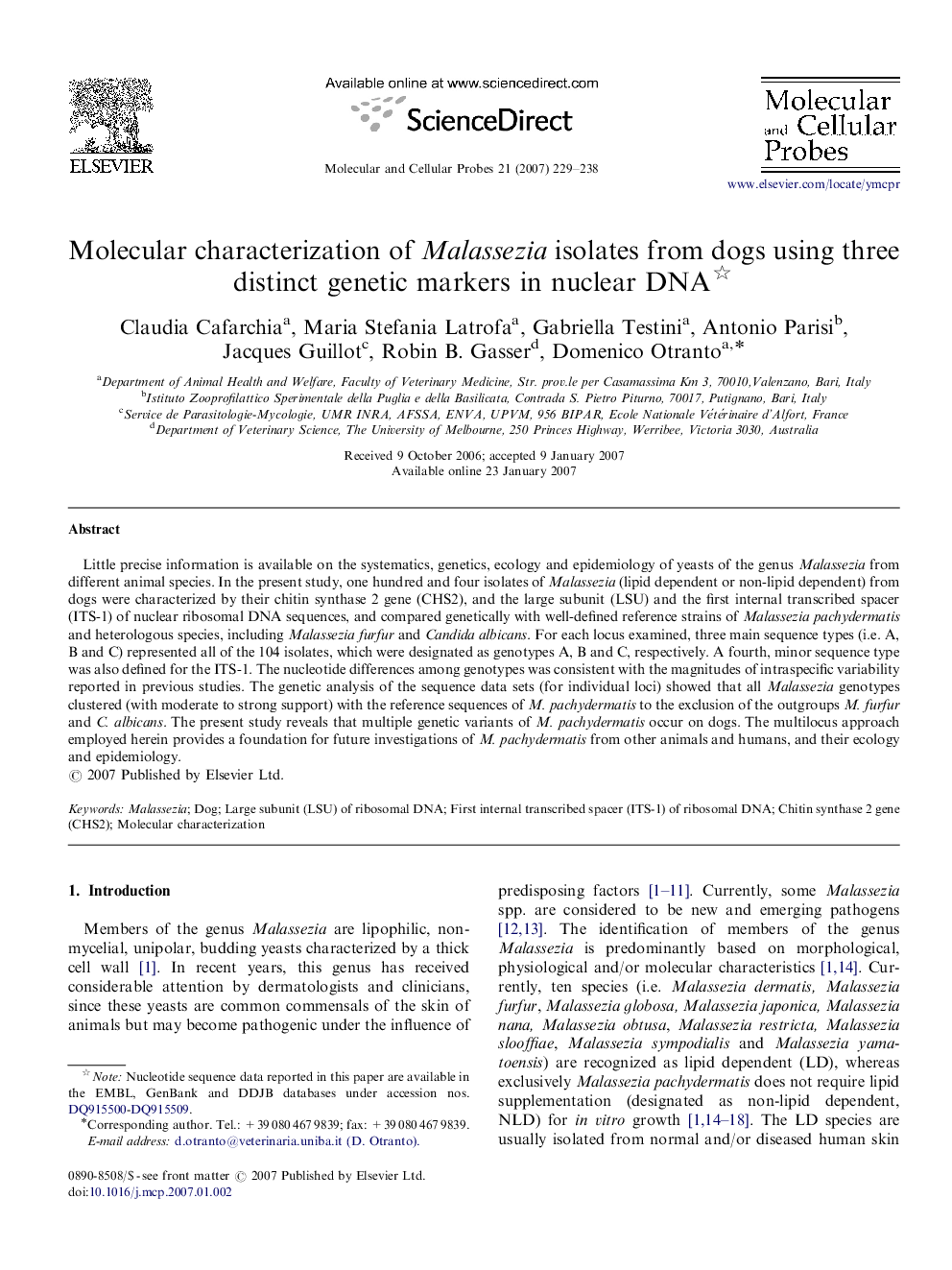 Molecular characterization of Malassezia isolates from dogs using three distinct genetic markers in nuclear DNA 