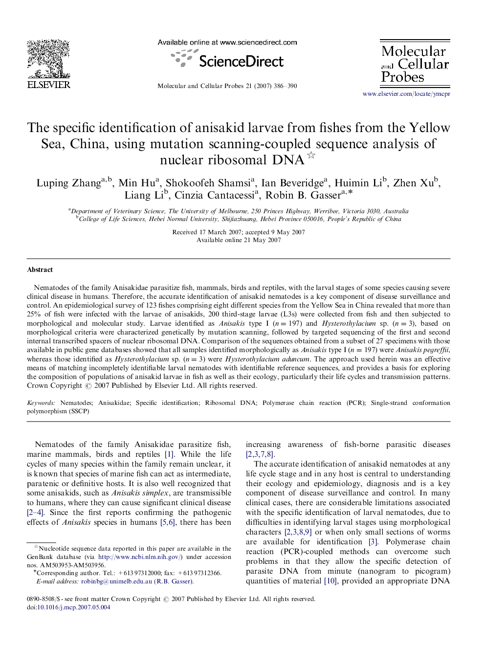 The specific identification of anisakid larvae from fishes from the Yellow Sea, China, using mutation scanning-coupled sequence analysis of nuclear ribosomal DNA 