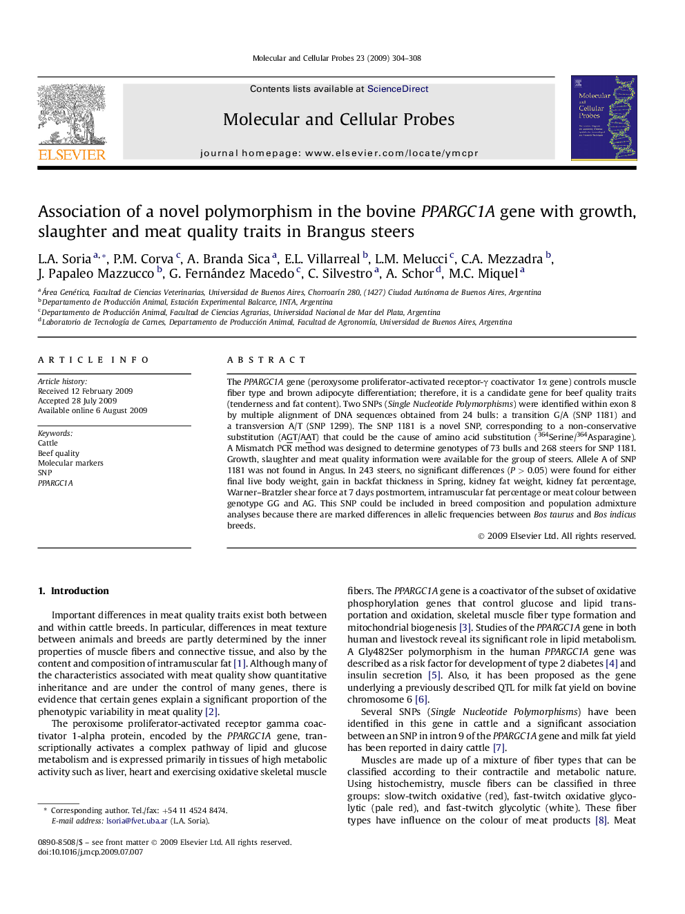 Association of a novel polymorphism in the bovine PPARGC1A gene with growth, slaughter and meat quality traits in Brangus steers