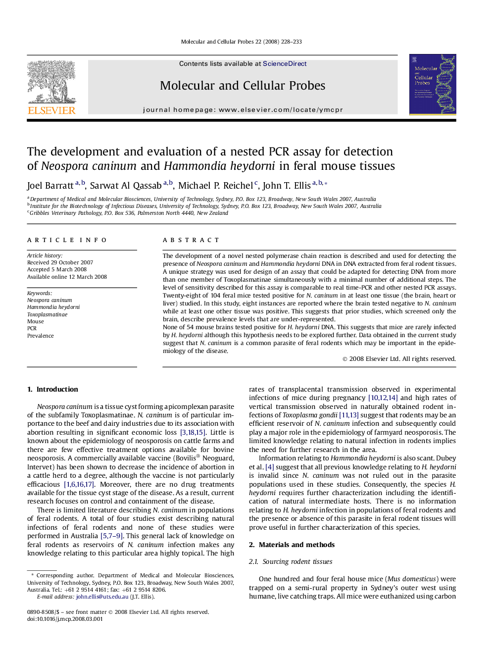 The development and evaluation of a nested PCR assay for detection of Neospora caninum and Hammondia heydorni in feral mouse tissues