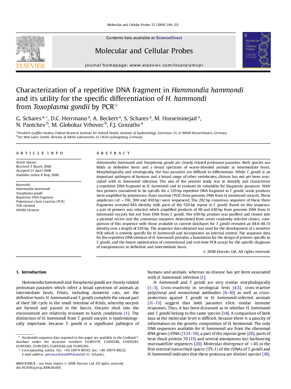 Characterization of a repetitive DNA fragment in Hammondia hammondi and its utility for the specific differentiation of H. hammondi from Toxoplasma gondii by PCR 