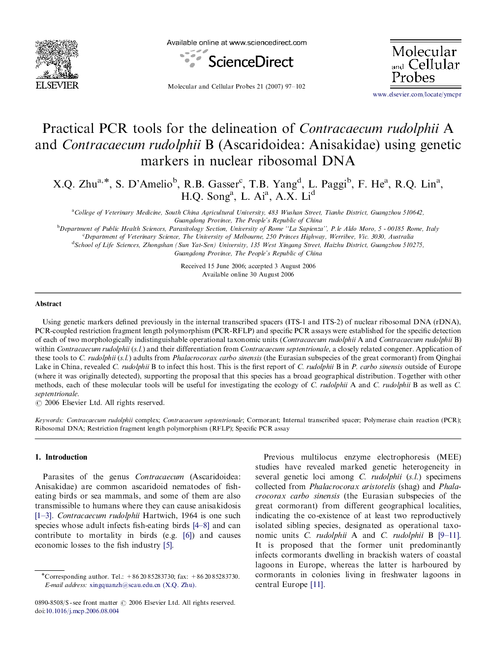 Practical PCR tools for the delineation of Contracaecum rudolphii A and Contracaecum rudolphii B (Ascaridoidea: Anisakidae) using genetic markers in nuclear ribosomal DNA