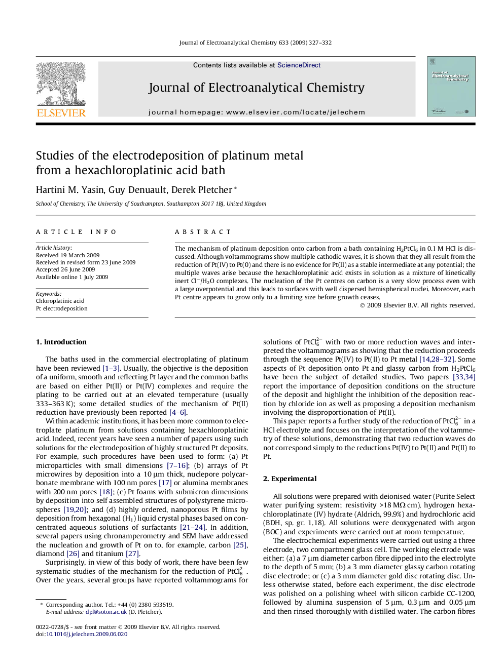 Studies of the electrodeposition of platinum metal from a hexachloroplatinic acid bath