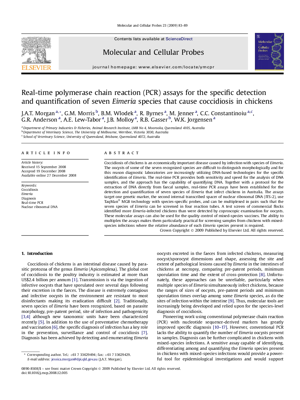 Real-time polymerase chain reaction (PCR) assays for the specific detection and quantification of seven Eimeria species that cause coccidiosis in chickens