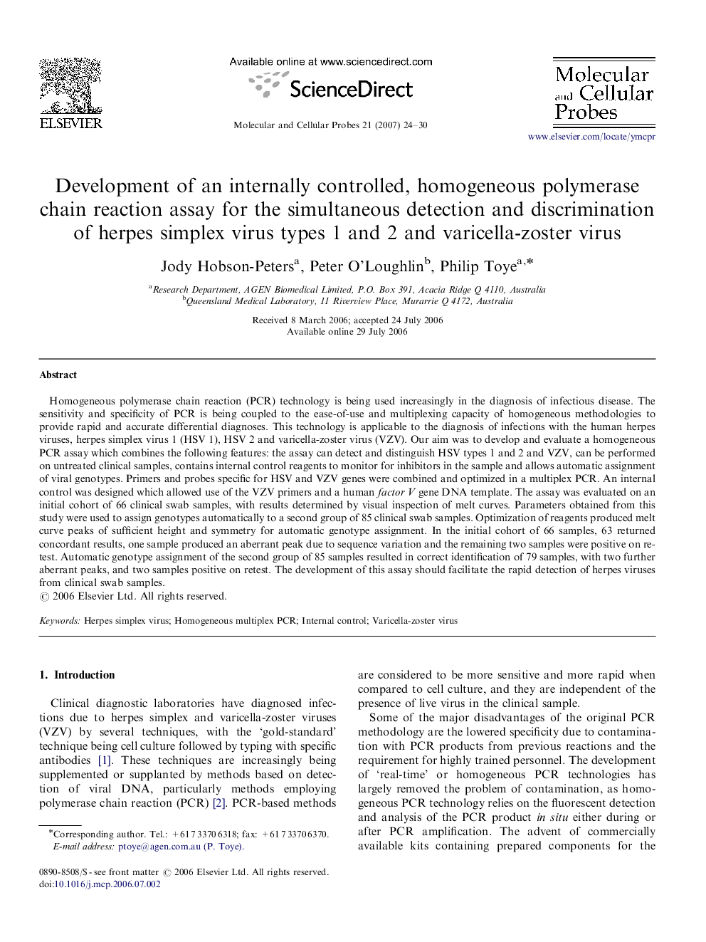 Development of an internally controlled, homogeneous polymerase chain reaction assay for the simultaneous detection and discrimination of herpes simplex virus types 1 and 2 and varicella-zoster virus