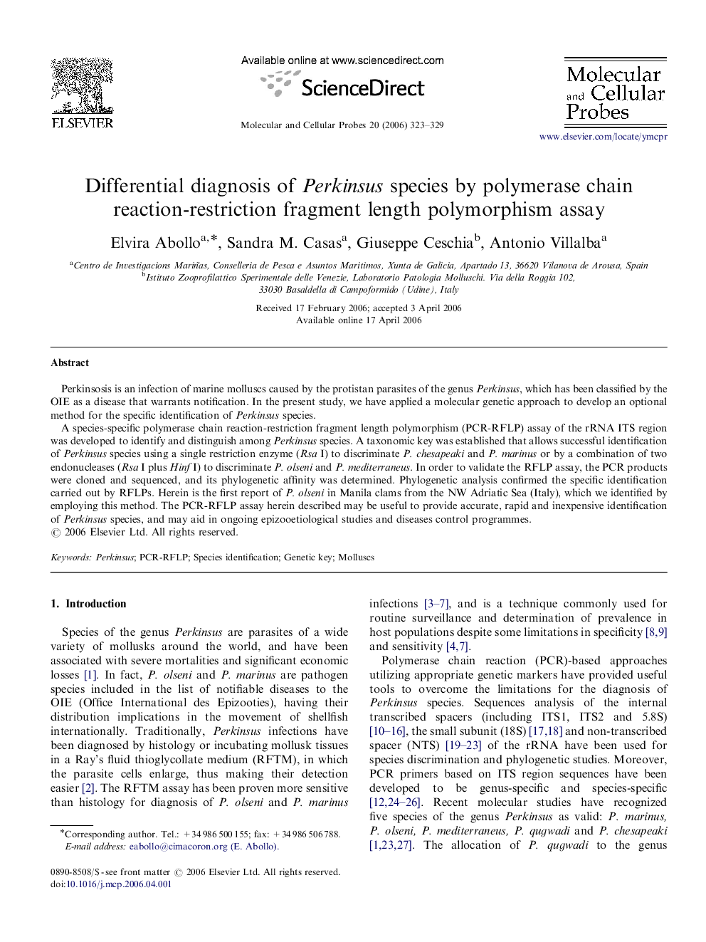 Differential diagnosis of Perkinsus species by polymerase chain reaction-restriction fragment length polymorphism assay