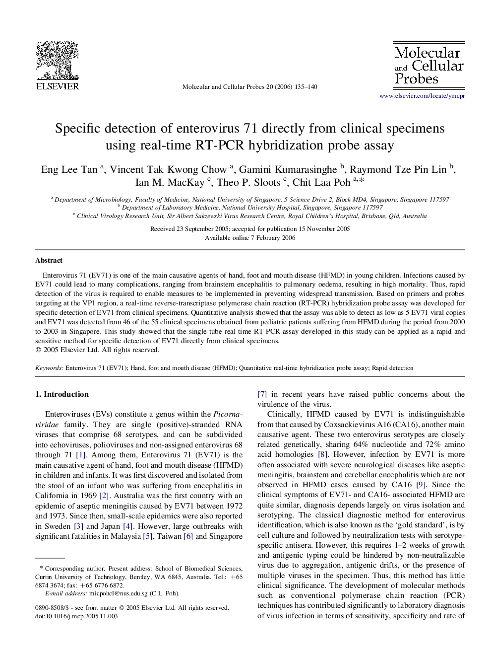 Specific detection of enterovirus 71 directly from clinical specimens using real-time RT-PCR hybridization probe assay