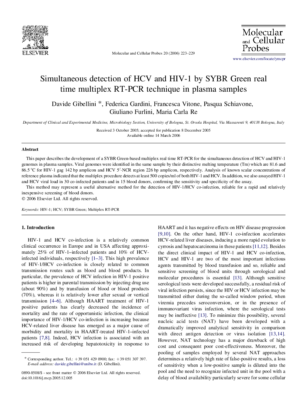 Simultaneous detection of HCV and HIV-1 by SYBR Green real time multiplex RT-PCR technique in plasma samples