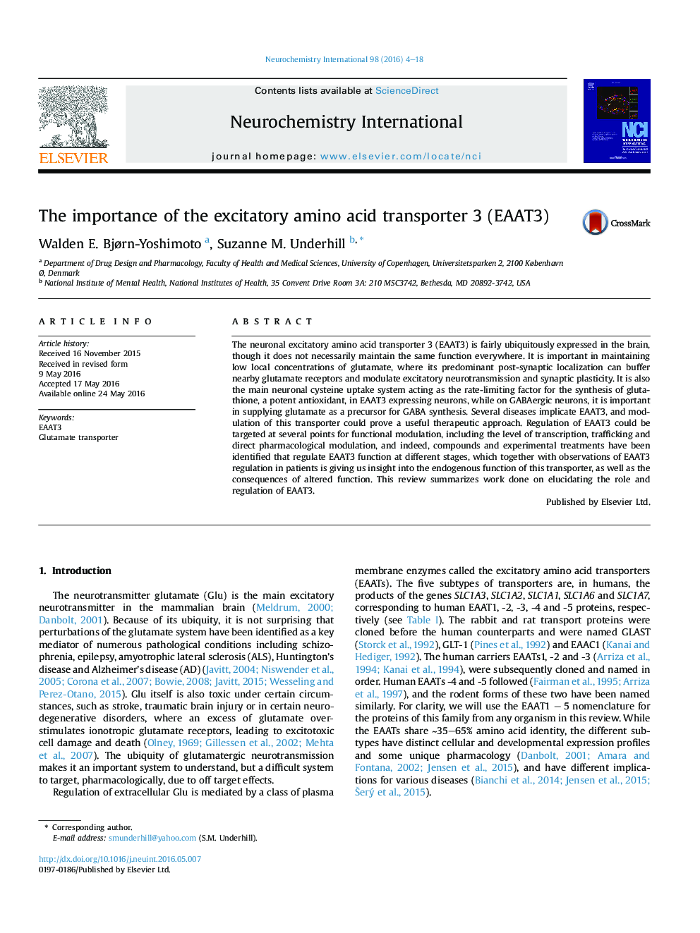 The importance of the excitatory amino acid transporter 3 (EAAT3)