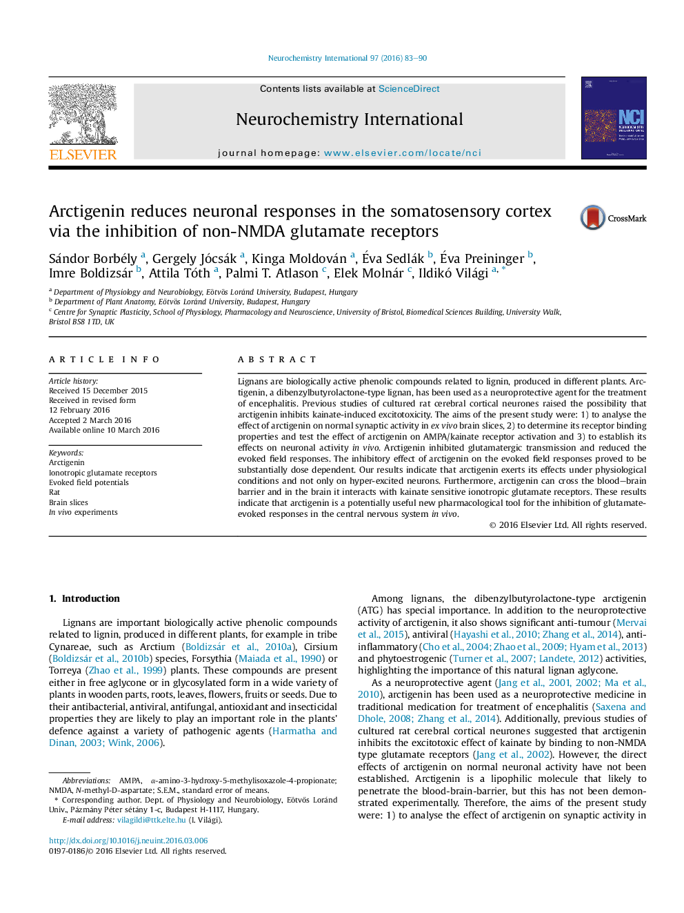 Arctigenin reduces neuronal responses in the somatosensory cortex via the inhibition of non-NMDA glutamate receptors