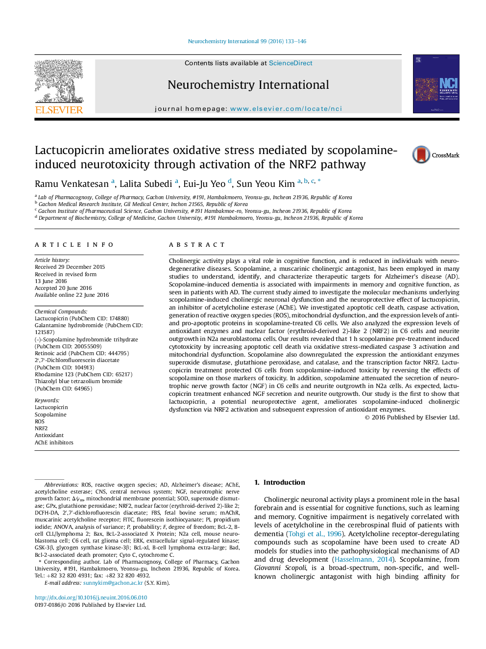 Lactucopicrin ameliorates oxidative stress mediated by scopolamine-induced neurotoxicity through activation of the NRF2 pathway