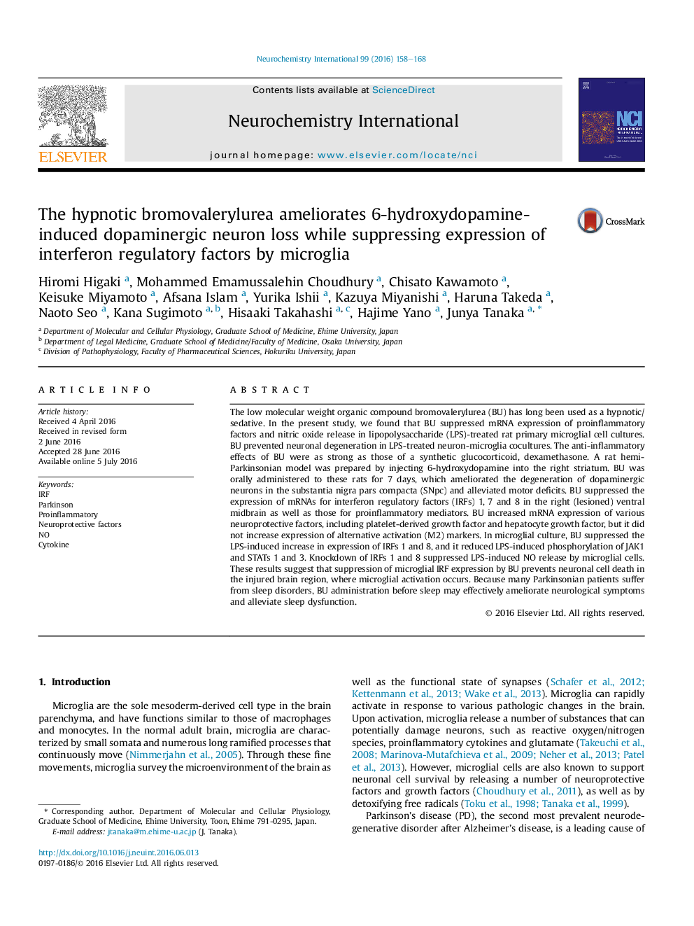 The hypnotic bromovalerylurea ameliorates 6-hydroxydopamine-induced dopaminergic neuron loss while suppressing expression of interferon regulatory factors by microglia