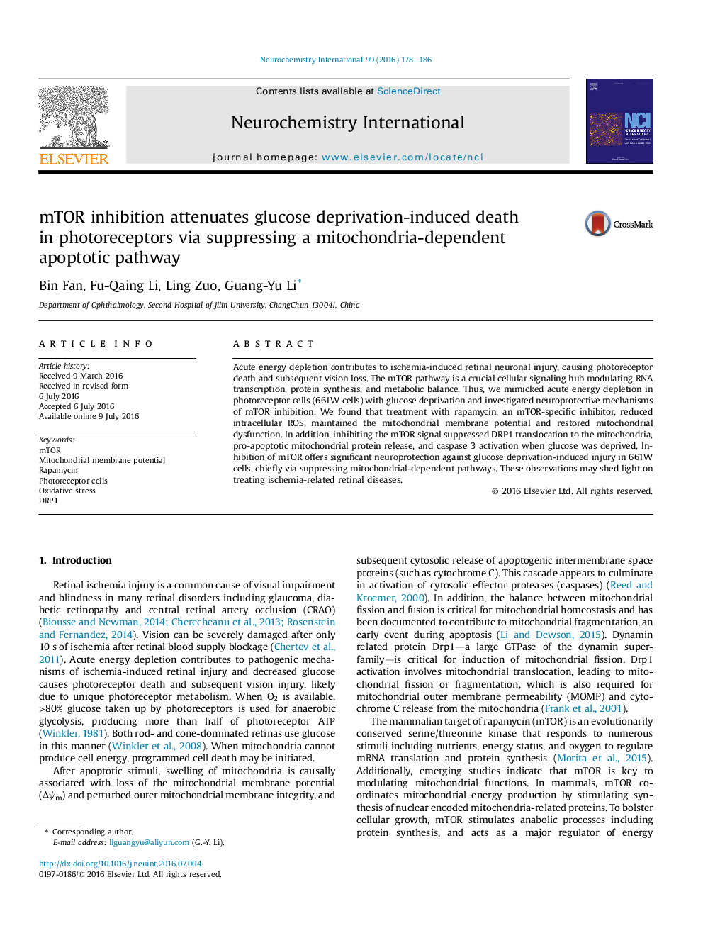 mTOR inhibition attenuates glucose deprivation-induced death in photoreceptors via suppressing a mitochondria-dependent apoptotic pathway